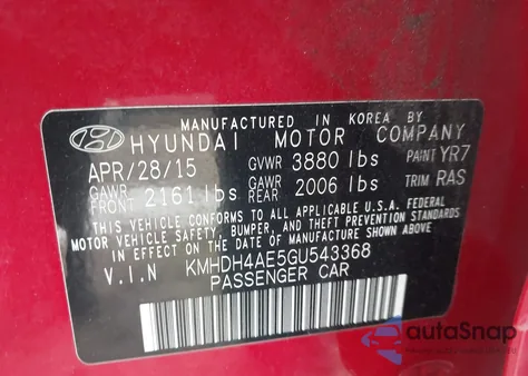 2016 Hyundai Elantra Se from USA, damaged, VIN KMHDH4AE5GU543368